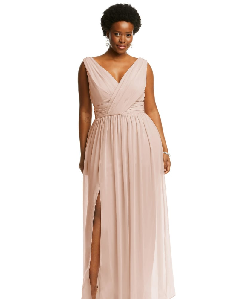 Front of a model wearing a size 24W Sleeveless Draped Chiffon Maxi Dress with Front Slit in Cameo by Dessy Collection. | dia_product_style_image_id:327832